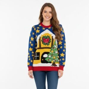 Cheesy Christmas Jumpers Ugly Sweater Sequin Pom Pom Tree Blue Stars Womens XS